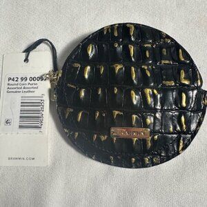 NWT BRAHMIN BLACK/GOLD TIPPING ROUND LEATHER COIN CHANGE PURSE
